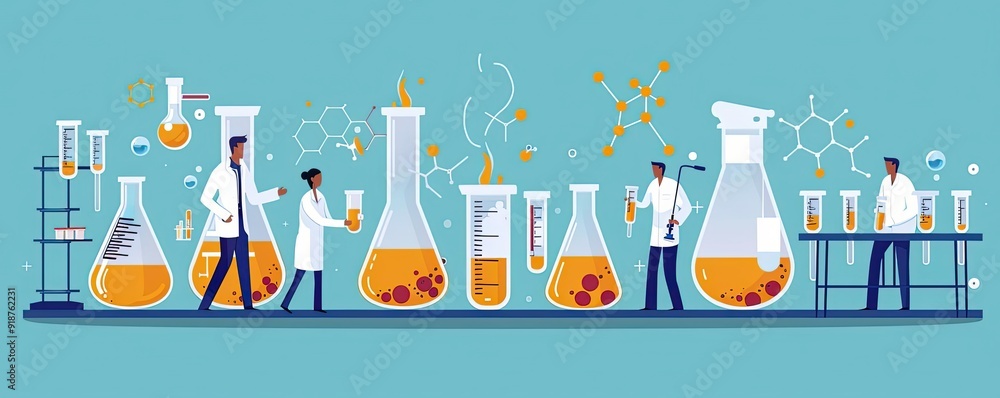 Chemistry reactions, lab experiments, flat design illustration Chemistry reactions, lab experiments, flat design illustration