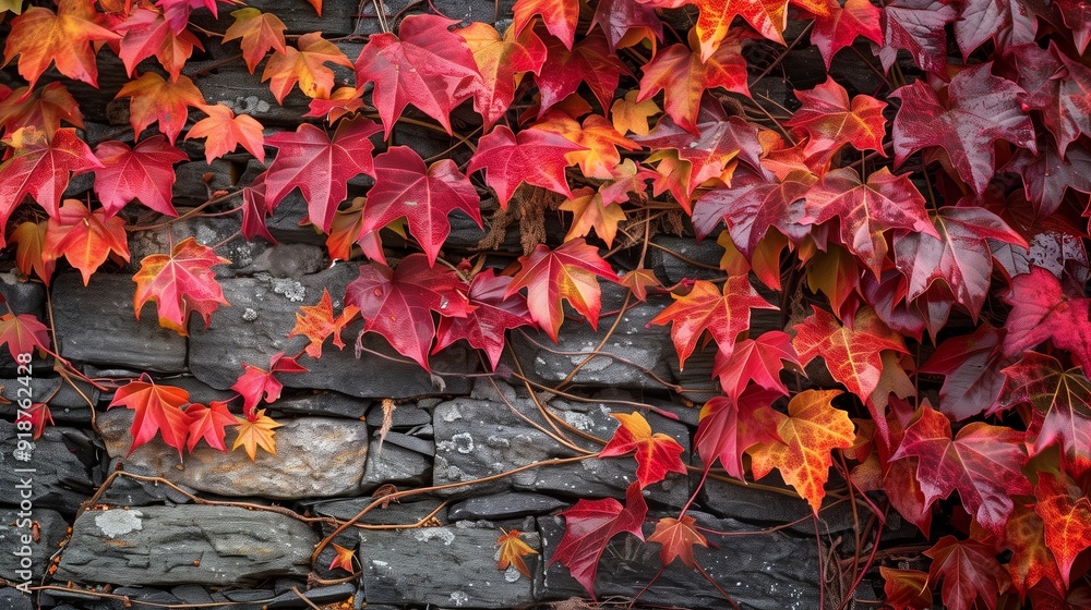 A charming old stone wall covered in vibrant ivy, with the leaves turning brilliant shades of red and orange. A charming old stone wall covered in vibrant ivy, with the leaves turning brilliant shades of red and orange.