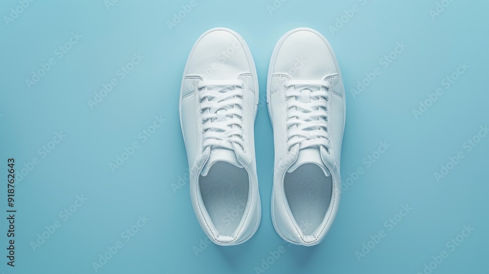 Close-up of a pair of white sneakers sitting on a blue surface, great for product photography or design concepts Close-up of a pair of white sneakers sitting on a blue surface, great for product photography or design concepts