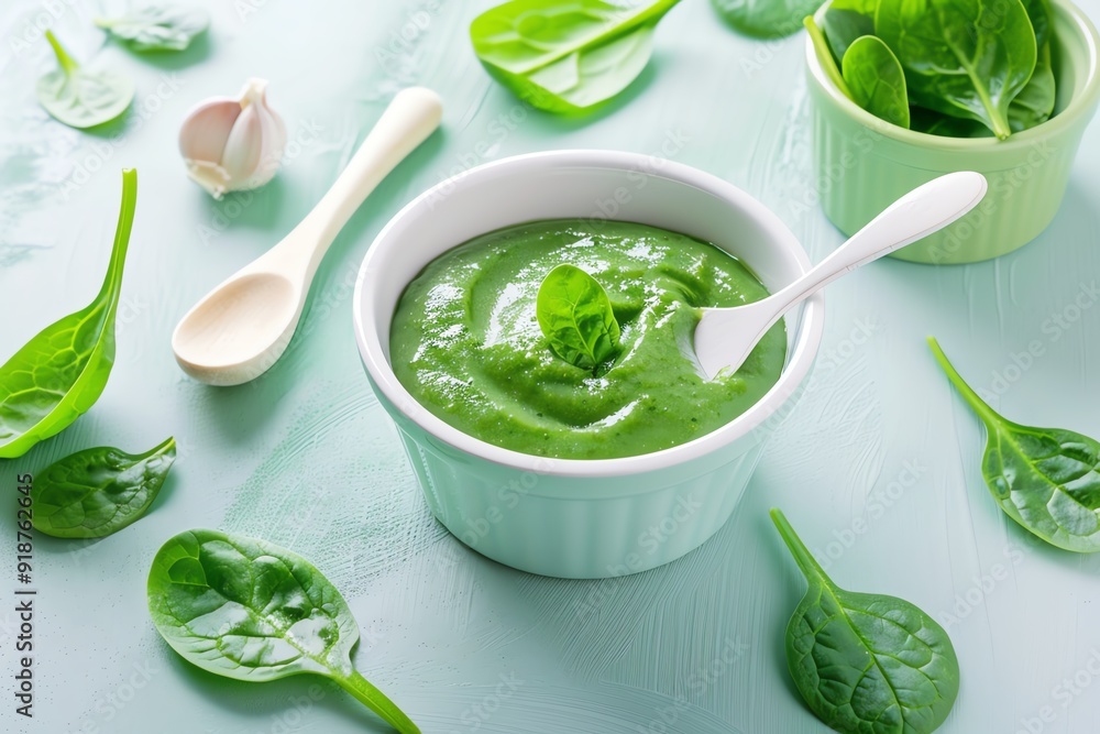 Pureed spinach in a small bowl, Baby food, Iron-rich vegetable Pureed spinach in a small bowl, Baby food, Iron-rich vegetable