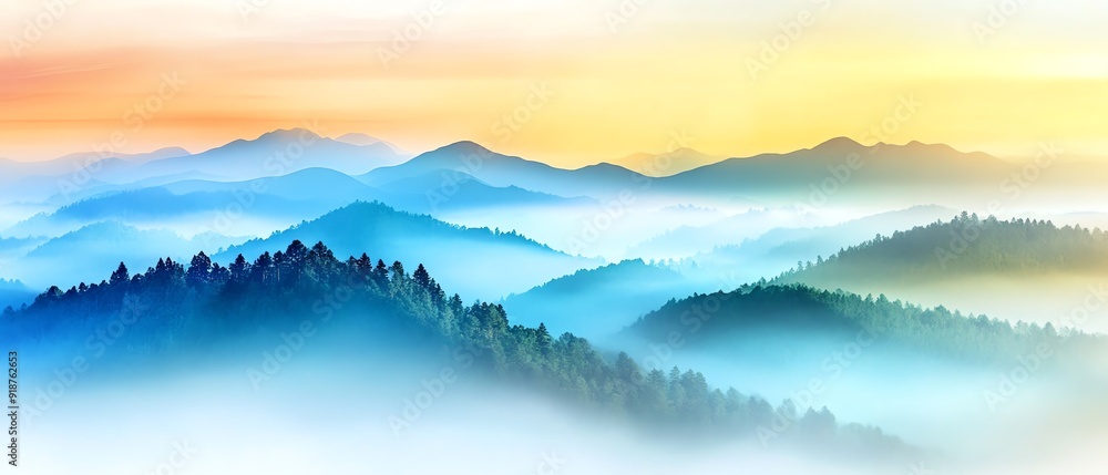 Fototapeta premium Breathtaking view of misty mountains at sunrise, with soft hues of blue and orange blending together in a serene landscape.