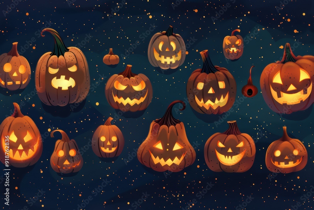A collection of Halloween pumpkins with various scary expressions A collection of Halloween pumpkins with various scary expressions