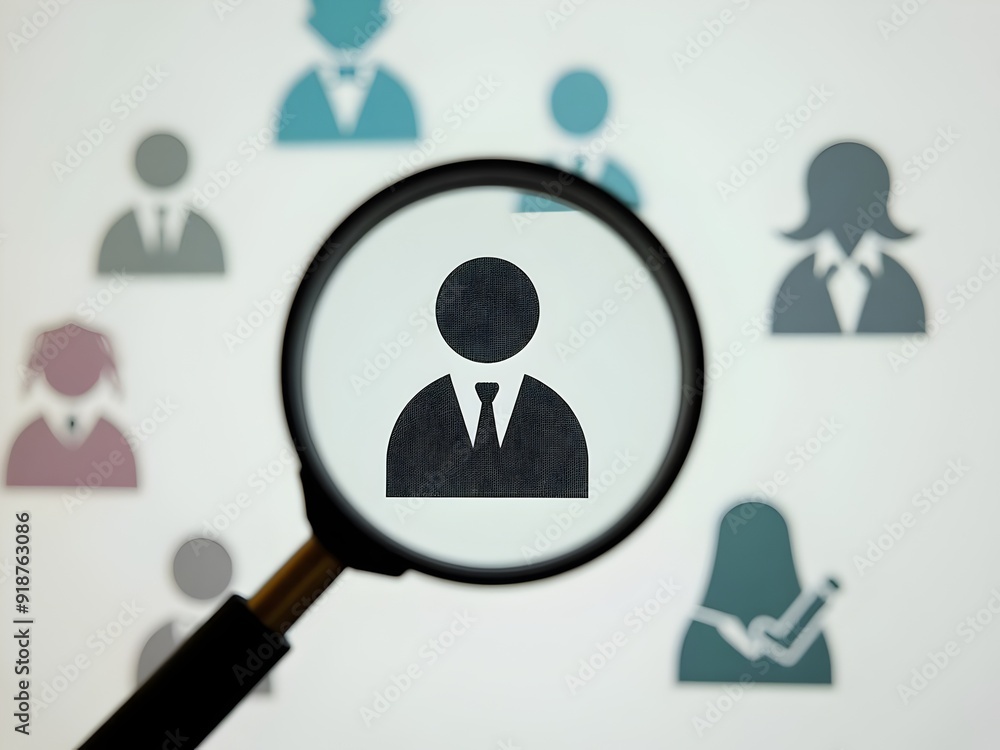 Magnifying glass searching for the best candidate for recruitment hiring human resources career opprtunity Magnifying glass searching for the best candidate for recruitment hiring human resources career opprtunity
