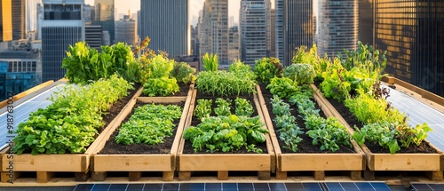 Urban rooftop garden showcasing fresh herbs and vegetables against a city skyline. A testament to sustainable living and greenery. photo