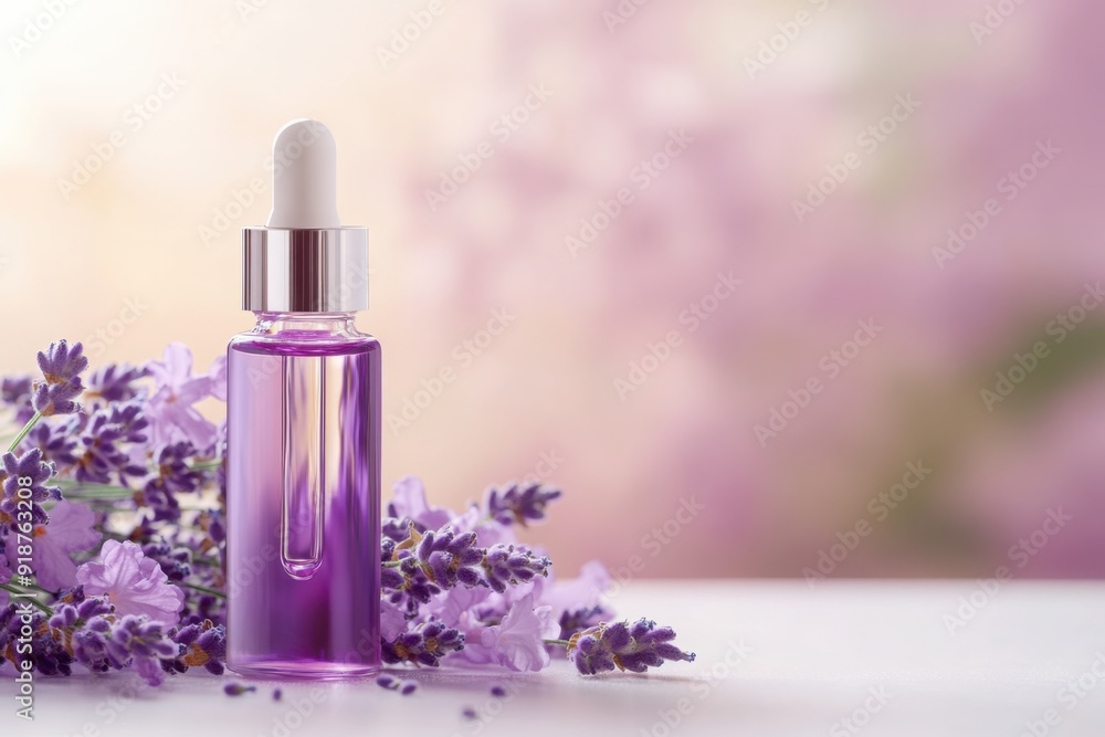 Purple dropper bottle with lavender on soft background Purple dropper bottle with lavender on soft background