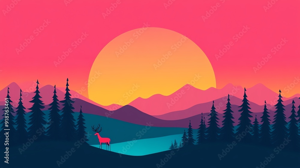 Forest sunrise flat design side view dawn theme cartoon drawing colored pastel Forest sunrise flat design side view dawn theme cartoon drawing colored pastel