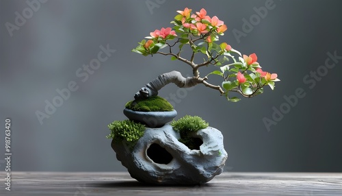 Exquisite potted art, trees grow in the combination of stone and moss, showing the beauty of nature. photo