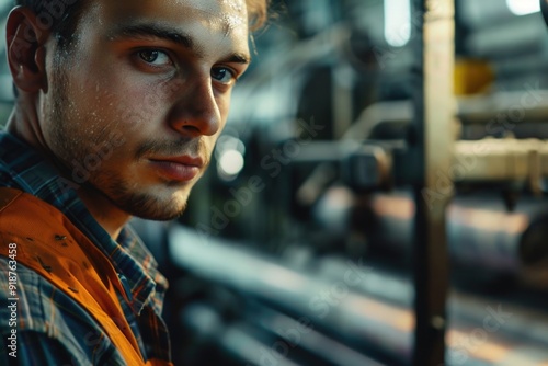 A person wearing an orange safety vest looks directly at the camera