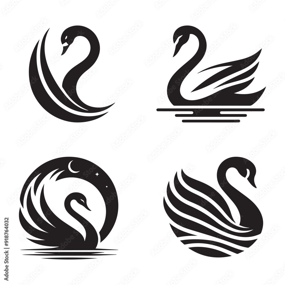 Fototapeta premium Set of minimalist simple black and white swan silhouette vector.