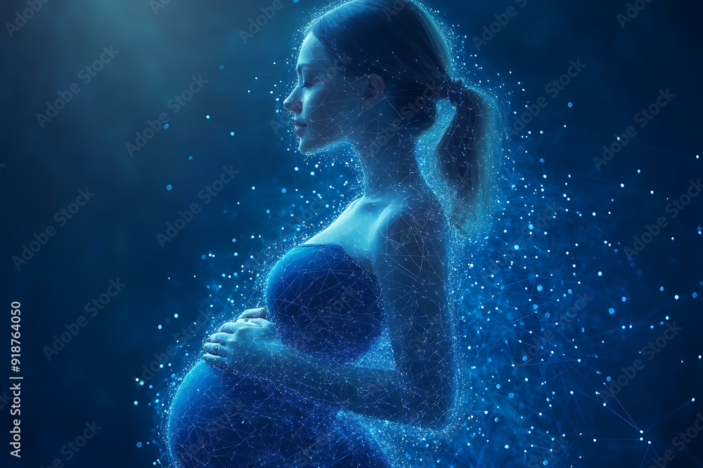A pregnant woman doing exercises blend geometric lines and shapes and glowing dots, with geometric lines and glowing dot A pregnant woman doing exercises blend geometric lines and shapes and glowing dots, with geometric lines and glowing dot