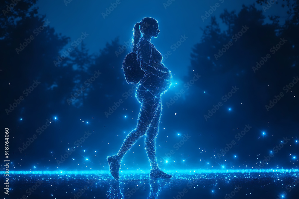 A pregnant woman doing exercises blend geometric lines and shapes and glowing dots, with geometric lines and glowing dot A pregnant woman doing exercises blend geometric lines and shapes and glowing dots, with geometric lines and glowing dot