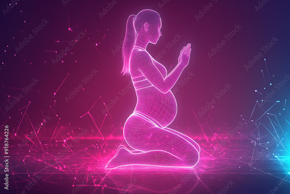 A pregnant woman doing exercises blend geometric lines and shapes and glowing dots, with geometric lines and glowing dot A pregnant woman doing exercises blend geometric lines and shapes and glowing dots, with geometric lines and glowing dot
