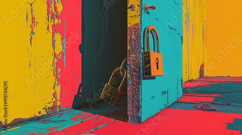 Vibrant illustration of an open door with colorful walls and padlocks, symbolizing security and possibilities.