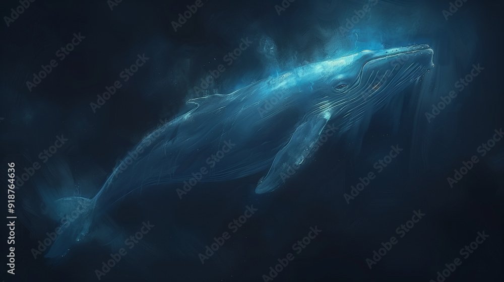 Fototapeta premium Ethereal Blue Whale Gliding in Deep Ocean..