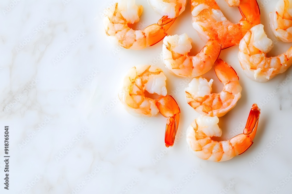 Close Up of Cooked Shrimp on White Surface. Close Up of Cooked Shrimp on White Surface.