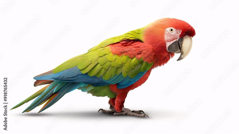 Fototapeta premium Red-fronted Macaw: A stunning portrait of a vibrant red-fronted macaw against a crisp white backdrop. Its bold colors and intricate plumage are showcased in breathtaking detail.