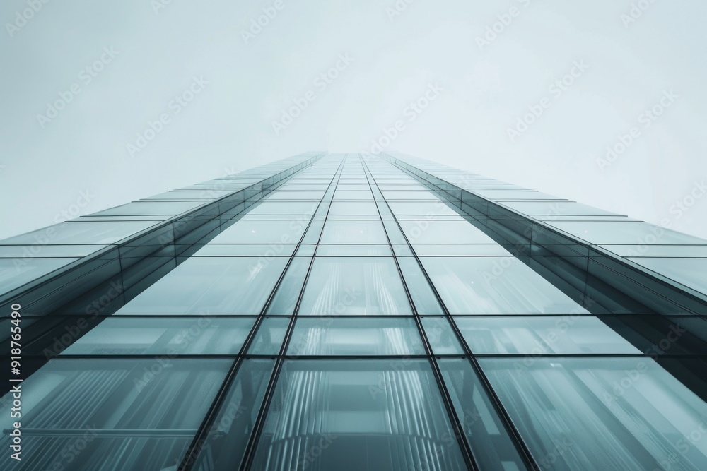 Fototapeta premium A modern glass skyscraper with a clear blue sky in the background, suitable for use in architecture or cityscape images