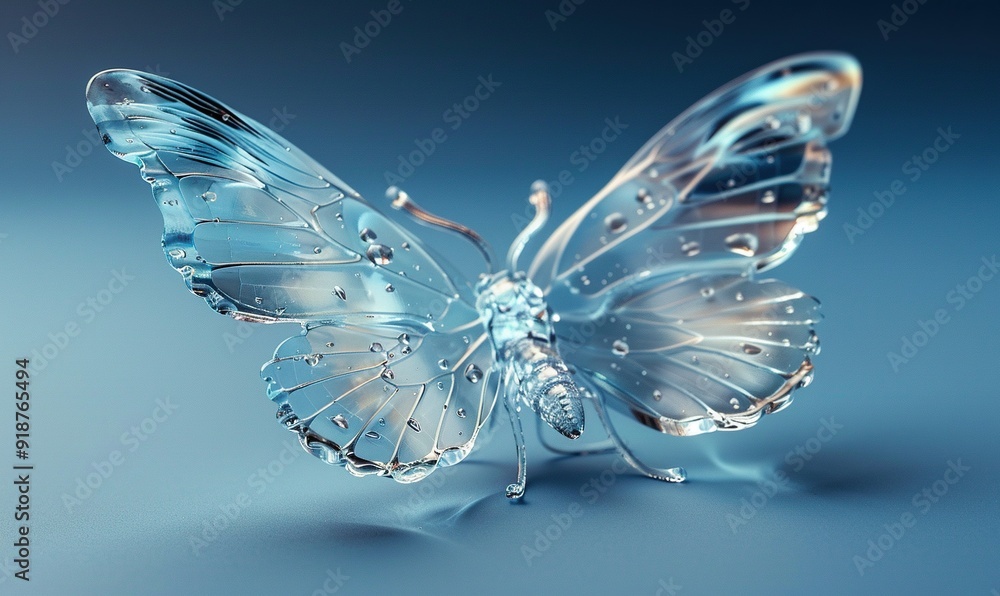 shiny transparent glass butterfly on blue background. shiny transparent glass butterfly on blue background.
