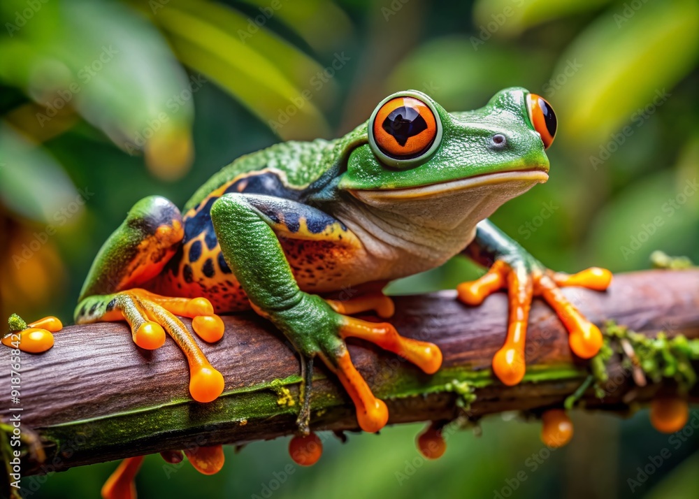Obraz premium Vibrant green Northern orange-legged leaf frog with distinctive tiger-like legs perches on a lush branch, its large eyes and sticky pads in sharp focus.