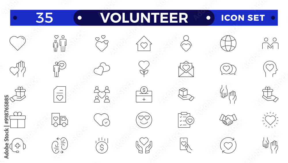 Volunteer icon set. Charity and Volunteering thin line style of philanthropic icons: almsgiving, helping those in need, donation, contribution, humanism, altruism Volunteer icon set. Charity and Volunteering thin line style of philanthropic icons: almsgiving, helping those in need, donation, contribution, humanism, altruism