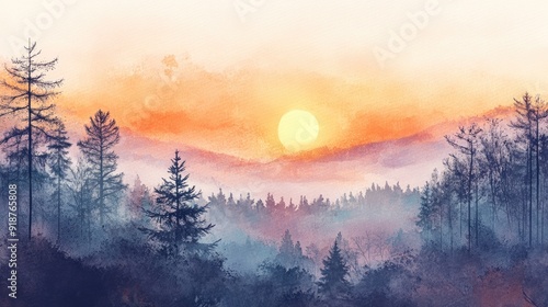 Watercolor Painting of a Sunset Over a Misty Forest