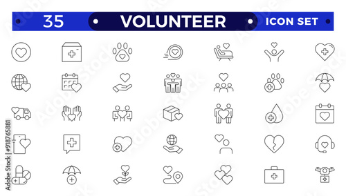  Volunteer icon set. Charity and Volunteering thin line style of philanthropic icons: almsgiving, helping those in need, donation, contribution, humanism, altruism