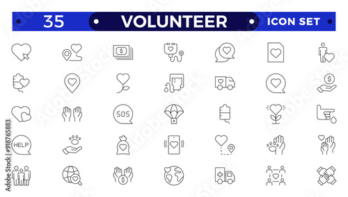  Volunteer icon set. Charity and Volunteering thin line style of philanthropic icons: almsgiving, helping those in need, donation, contribution, humanism, altruism