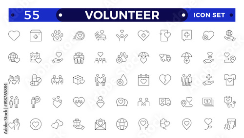  Volunteer icon set. Charity and Volunteering thin line style of philanthropic icons: almsgiving, helping those in need, donation, contribution, humanism, altruism