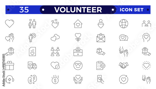  Volunteer icon set. Charity and Volunteering thin line style of philanthropic icons: almsgiving, helping those in need, donation, contribution, humanism, altruism