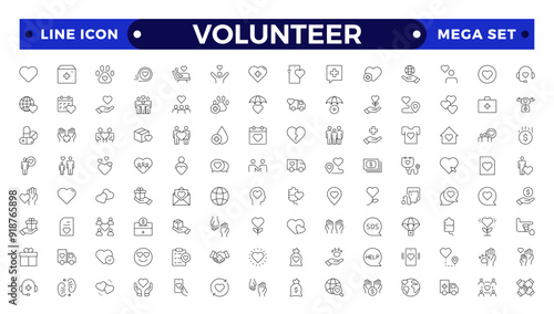  Volunteer icon set. Charity and Volunteering thin line style of philanthropic icons: almsgiving, helping those in need, donation, contribution, humanism, altruism