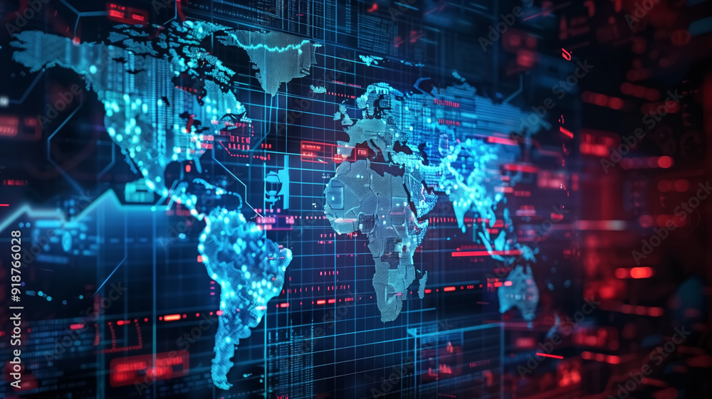 Global Digital Network Map with Futuristic Data Visualization and Cybersecurity Elements Global Digital Network Map with Futuristic Data Visualization and Cybersecurity Elements