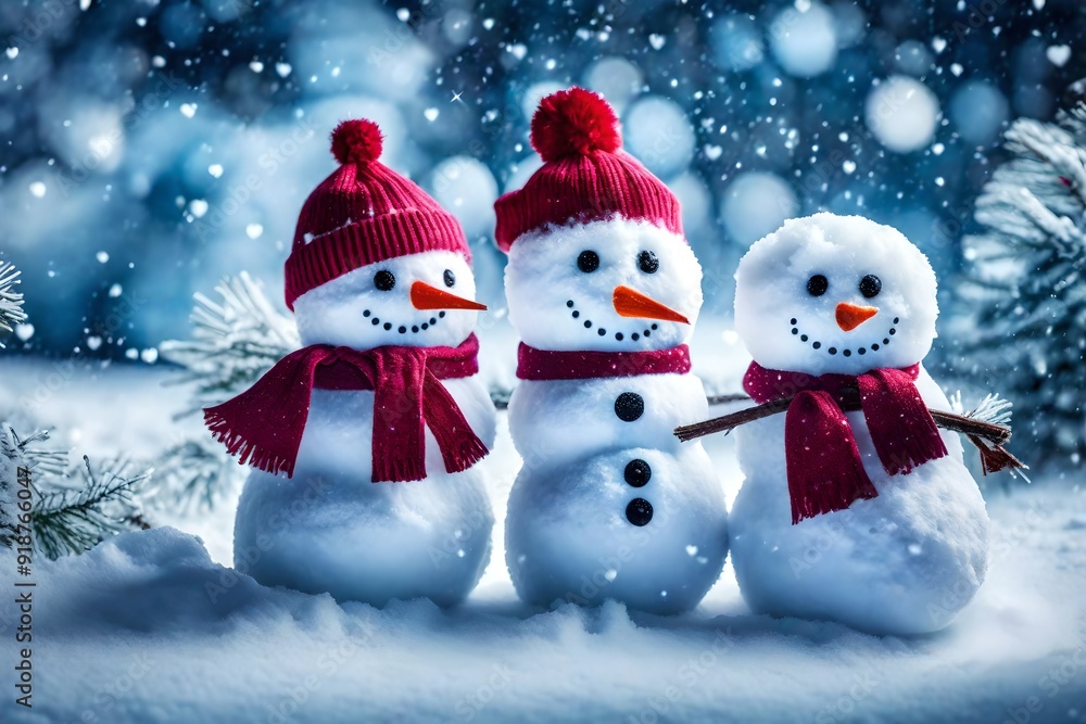 Three snowman standing together in snow falling wearing winter caps Three snowman standing together in snow falling wearing winter caps