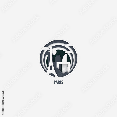 Paris paper cut, origami skyline. Vector panoramic, horizon profile logotype. Layered France capital city graphic with depth, vignetting