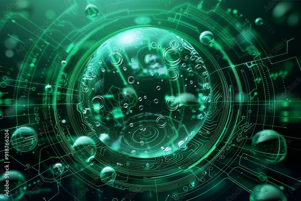 Obraz premium Futuristic 3D rendering with a green circular background featuring technological elements and liquid bubbles in a dark blue-green color scheme, showcasing electronic circuits and detailed tech imagery