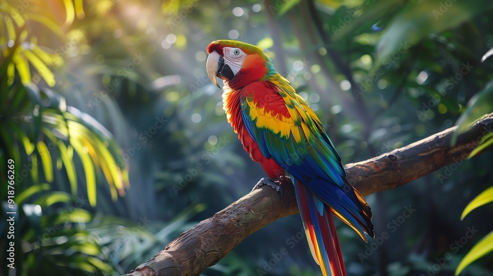 Obraz premium A colorful parrot perched on a tree branch in a lush tropical rainforest, its vibrant feathers illuminated by sunlight
