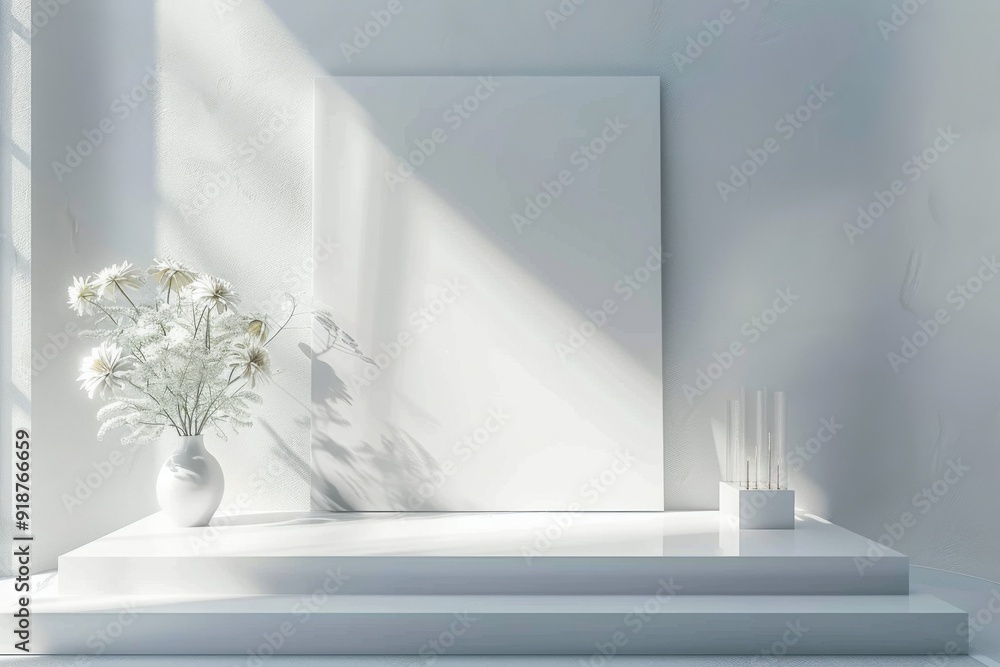 Minimalist 3D rendering of an empty square frame on a white platform with a vase and flowers, set against a light gray interior design background with sunlight rays. Minimalist 3D rendering of an empty square frame on a white platform with a vase and flowers, set against a light gray interior design background with sunlight rays.