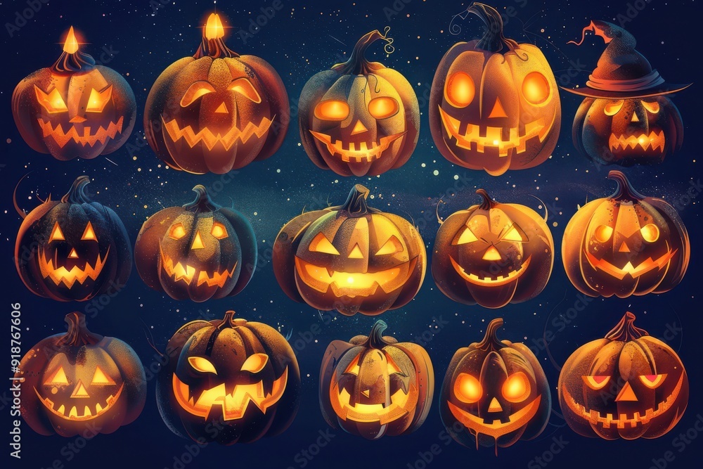 A collection of Halloween pumpkins with various scary expressions A collection of Halloween pumpkins with various scary expressions