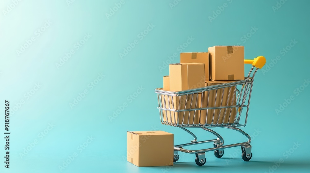 A shopping cart full of boxes is on a blue background A shopping cart full of boxes is on a blue background