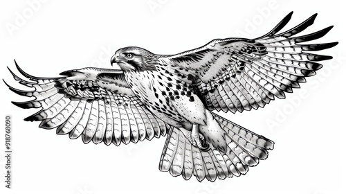 Black and white Vintage engraved art of a hawk in flight, isolated on white background, ink sketch illustration, simple vector art design, highly detailed line art, high contrasty 