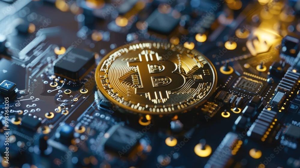 Bitcoin Cryptocurrency on a Circuit Board Bitcoin Cryptocurrency on a Circuit Board