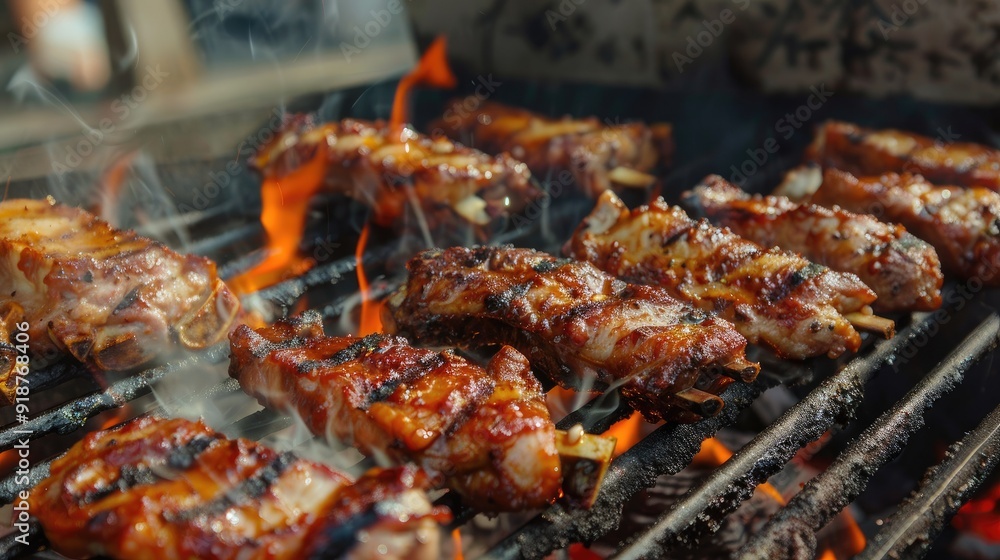 Close-up of Juicy Ribs Grilling over Flames Close-up of Juicy Ribs Grilling over Flames