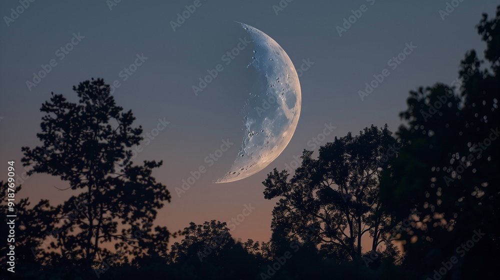 A crescent moon hanging low in the twilight sky, with silhouettes of trees in the foreground. A crescent moon hanging low in the twilight sky, with silhouettes of trees in the foreground.