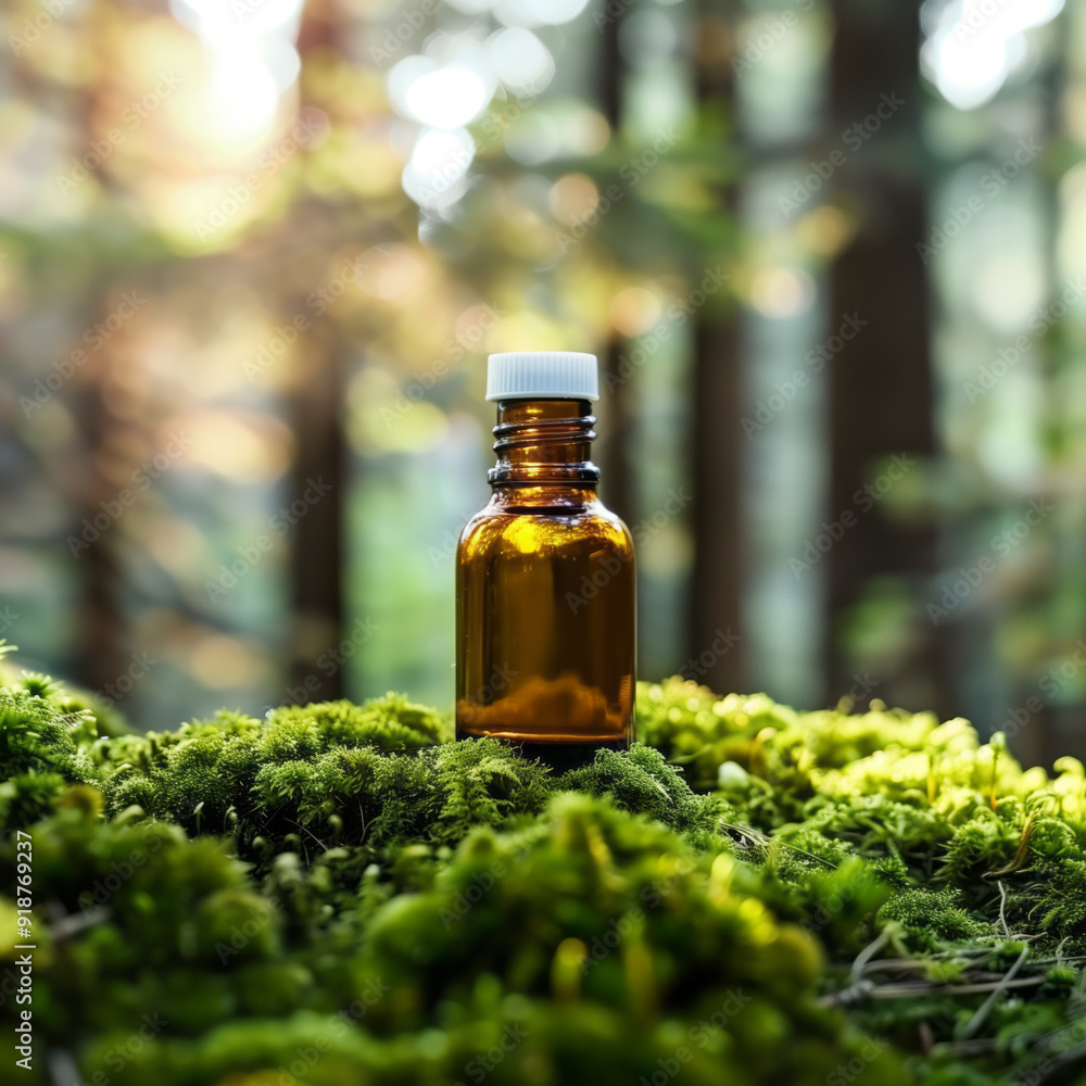 Pharma bottle mockup on a soft bed of natural moss with a backdrop of forest trees Pharma bottle mockup on a soft bed of natural moss with a backdrop of forest trees