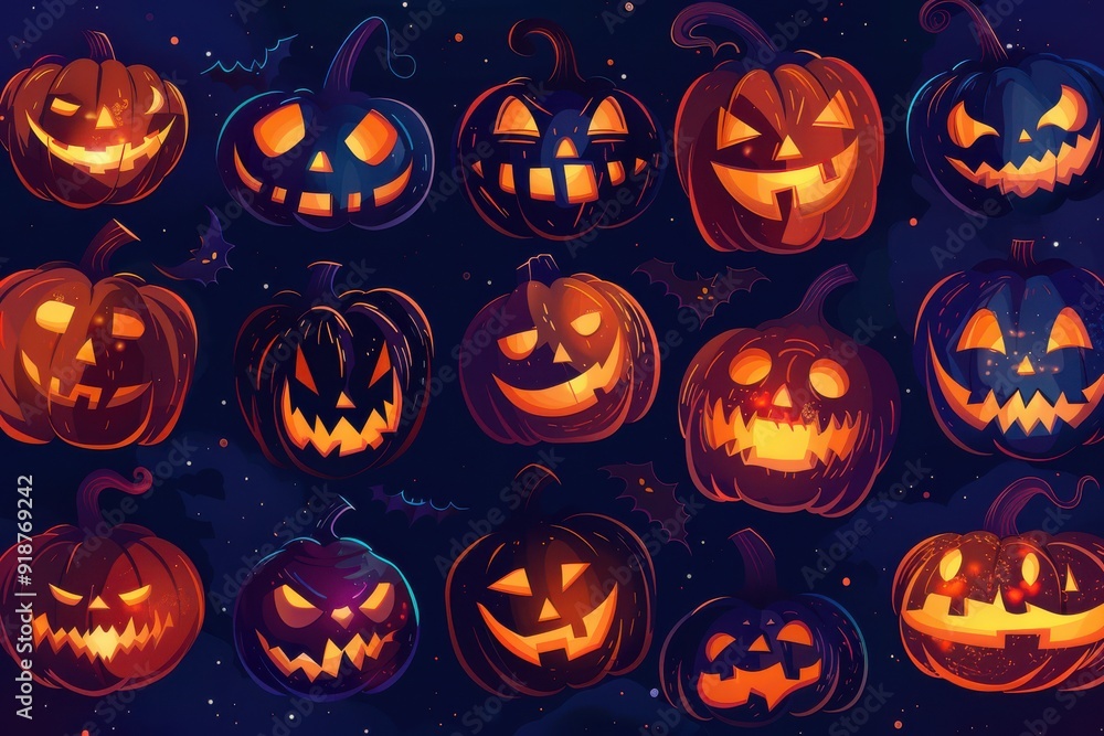 A collection of Halloween pumpkins with various scary expressions A collection of Halloween pumpkins with various scary expressions