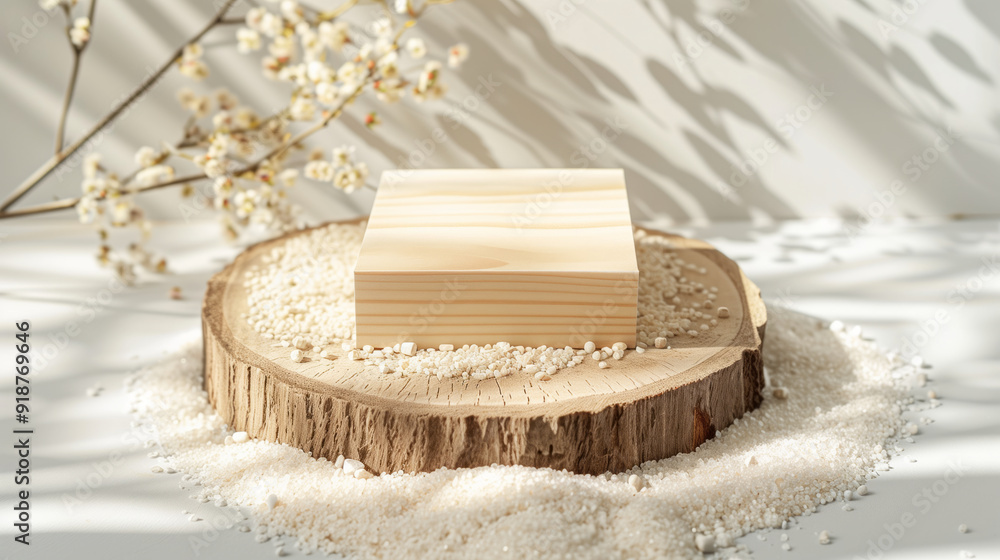 Pharma box mockup on a bed of fine gravel with a natural wood slice as a base Pharma box mockup on a bed of fine gravel with a natural wood slice as a base
