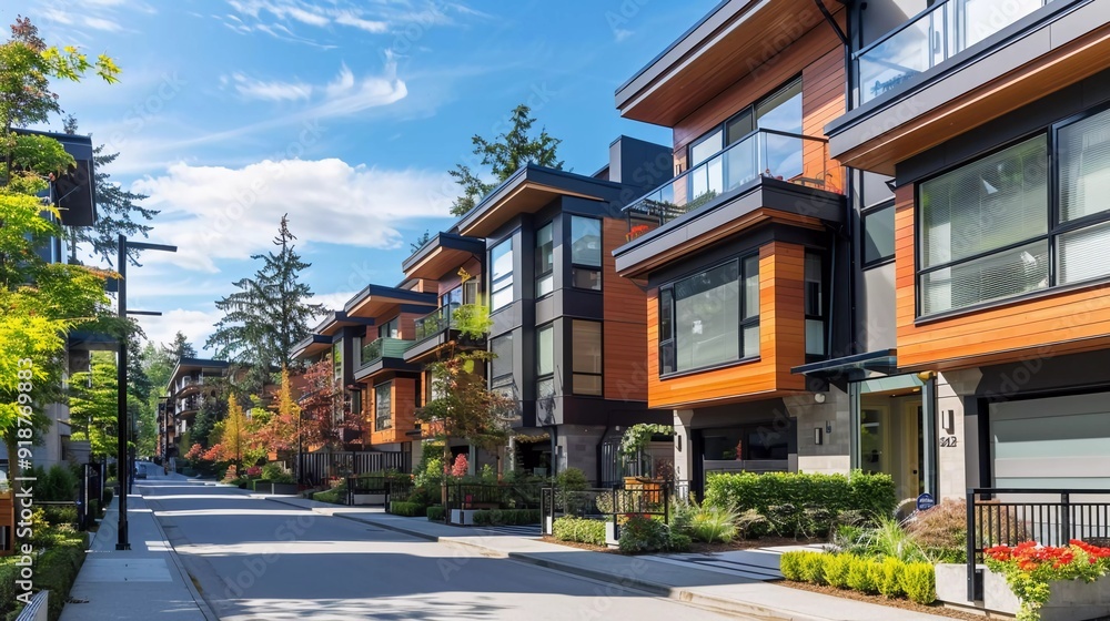 New Modern Apartment Building in Vancouver BC. Canadian modern residential architecture on a sunny day New Modern Apartment Building in Vancouver BC. Canadian modern residential architecture on a sunny day
