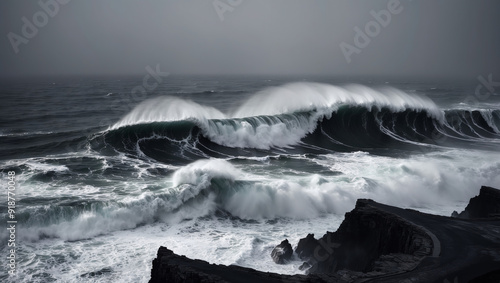 Aerial View of Coastal Waves Crashing photo