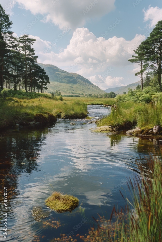 A serene small stream runs through a dense and lush green forest A serene small stream runs through a dense and lush green forest