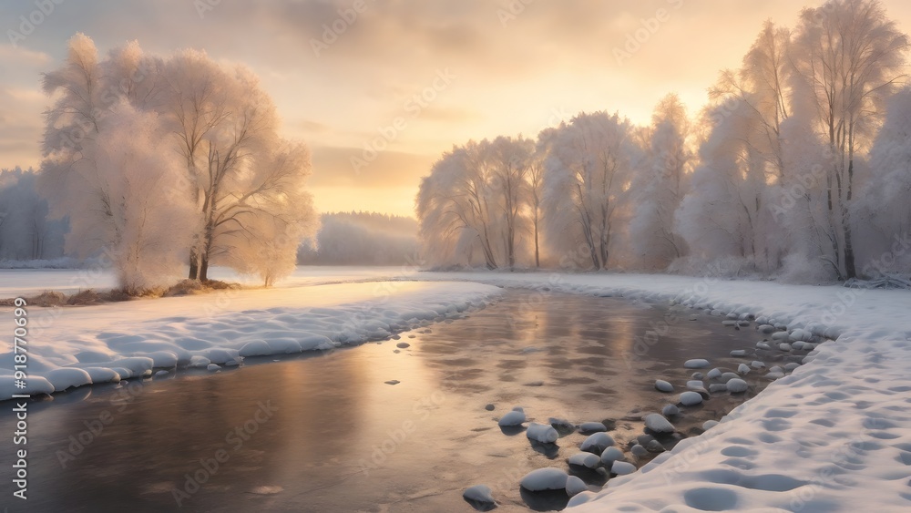 Snow-Covered Landscape with River and Trees: Winter Wonderland Scene Snow-Covered Landscape with River and Trees: Winter Wonderland Scene