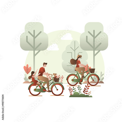 Family cycling park green trees red flowers